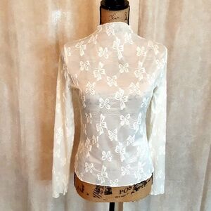 Ivory Cream Sheer Mesh Top Bows Pattern Long Sleeve Size L